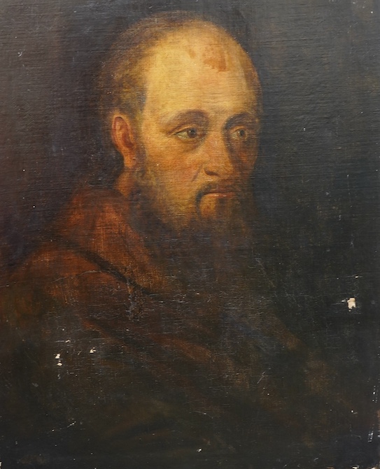 G.F.W., oil on canvas, Portrait of a monk, unframed, 63 x 50cm. Condition - poor to fair